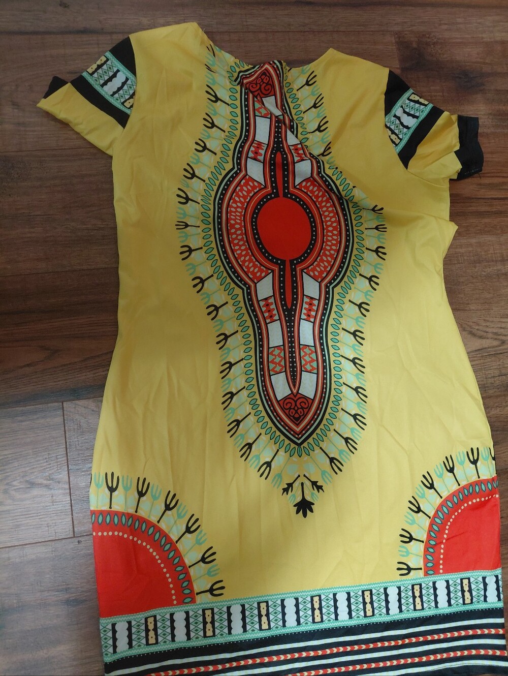 Yellow Dashiki-Inspired Shift Dress with Orange Accent